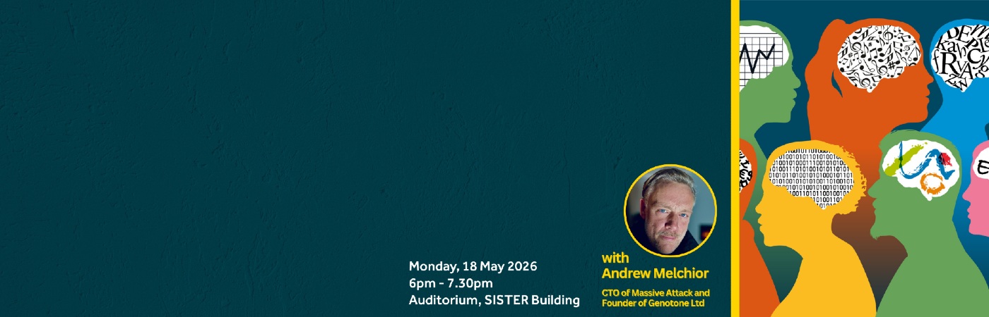 Banner for a talk on Monday 18 May 2026 at 6pm at the Auditorium in SISTER Building featuring Andrew Melchior, with a portrait of him and colourful illustrated profiles.