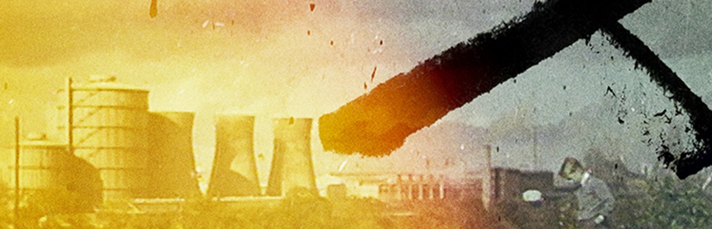 Faded image of a nuclear plant with a child playing in the foreground.
