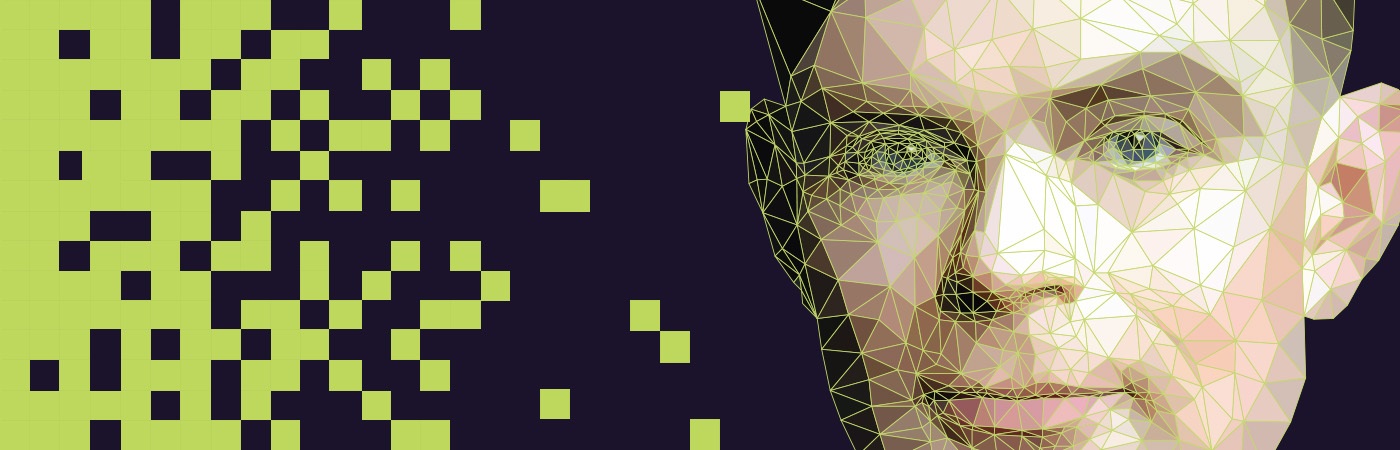 Alan Turing with a pixelated black and yellow background.