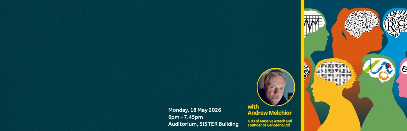 Banner for a talk on Monday 18 May 2026 at 6pm at the Auditorium in SISTER Building featuring Andrew Melchior, with a portrait of him and colourful illustrated profiles.