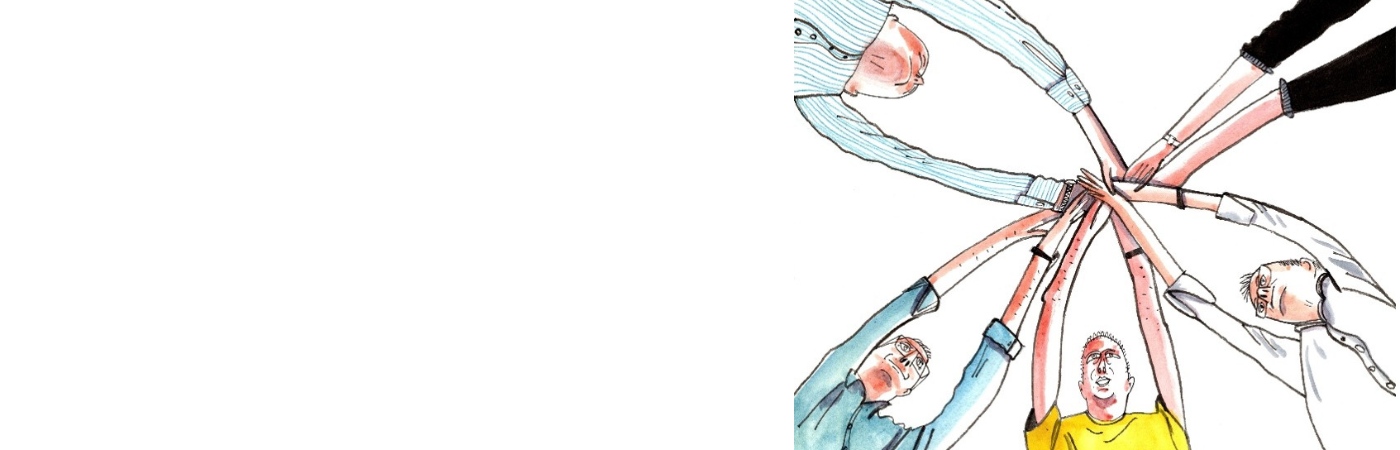 Banner featuring a watercolour illustration of a group of people putting their hands in a circle.