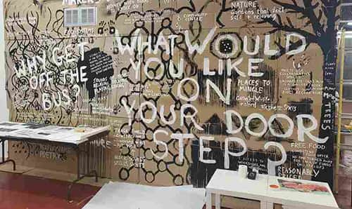 An image of a wall with various questions spray painted onto it