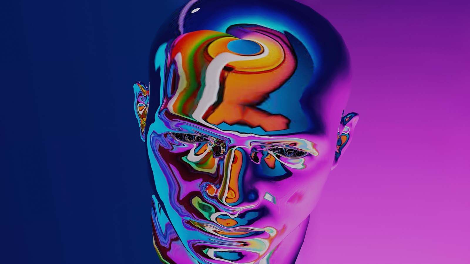 A highly stylized and abstract digital rendering of a human face.